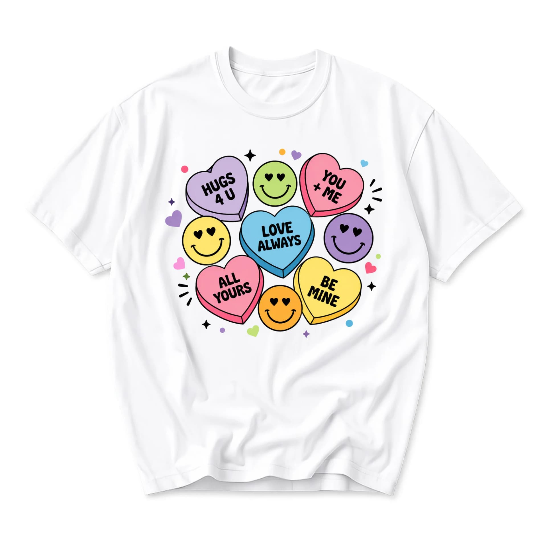 Graphic Tee Unisex Crew Neck Short Sleeve Shirt with Colorful Heart Candy and Smiley Face Print Design White