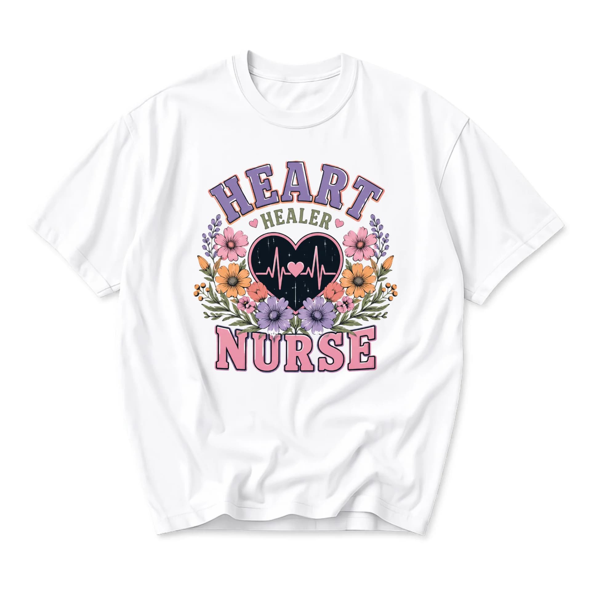 Graphic Tee Heart Healer Nurse Floral Print Unisex Crew Neck Casual Everyday Short Sleeve Cotton Blend Shirt Top