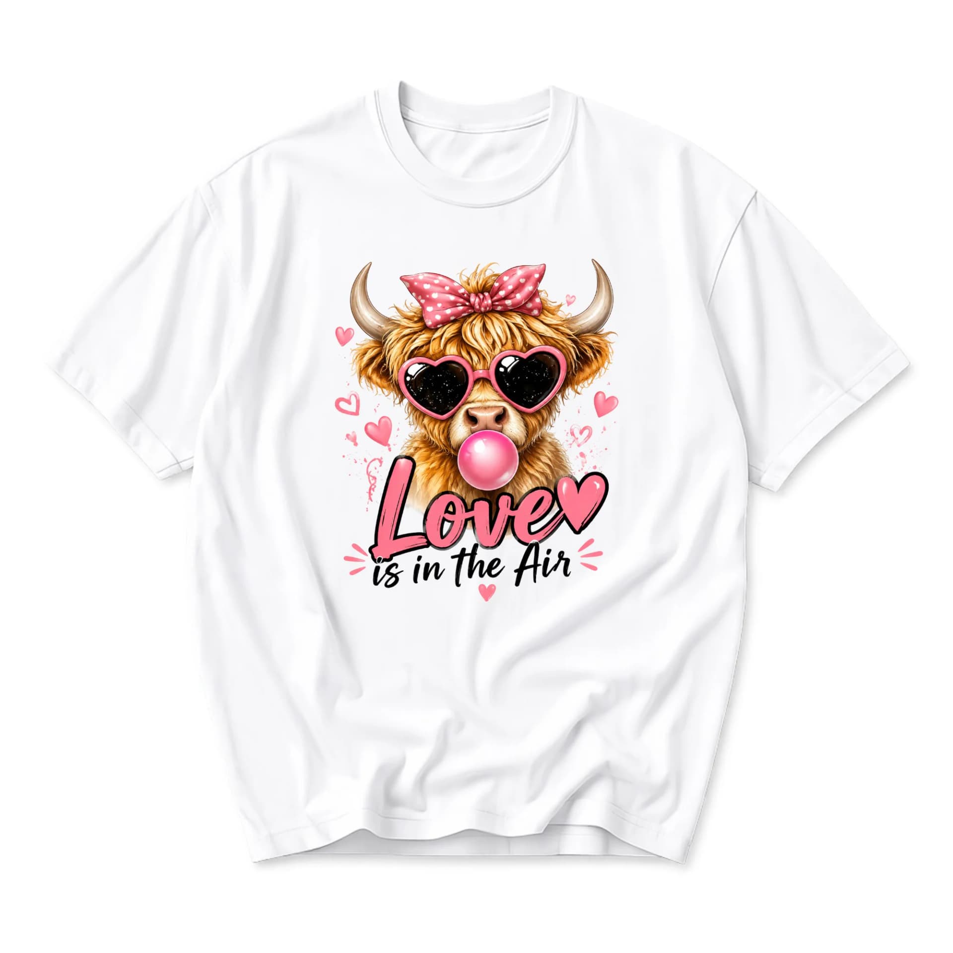 Graphic Tee Love Is in the Air Highland Cow Print Shirt Funny Valentine Animal Lovers Unisex Casual Top White