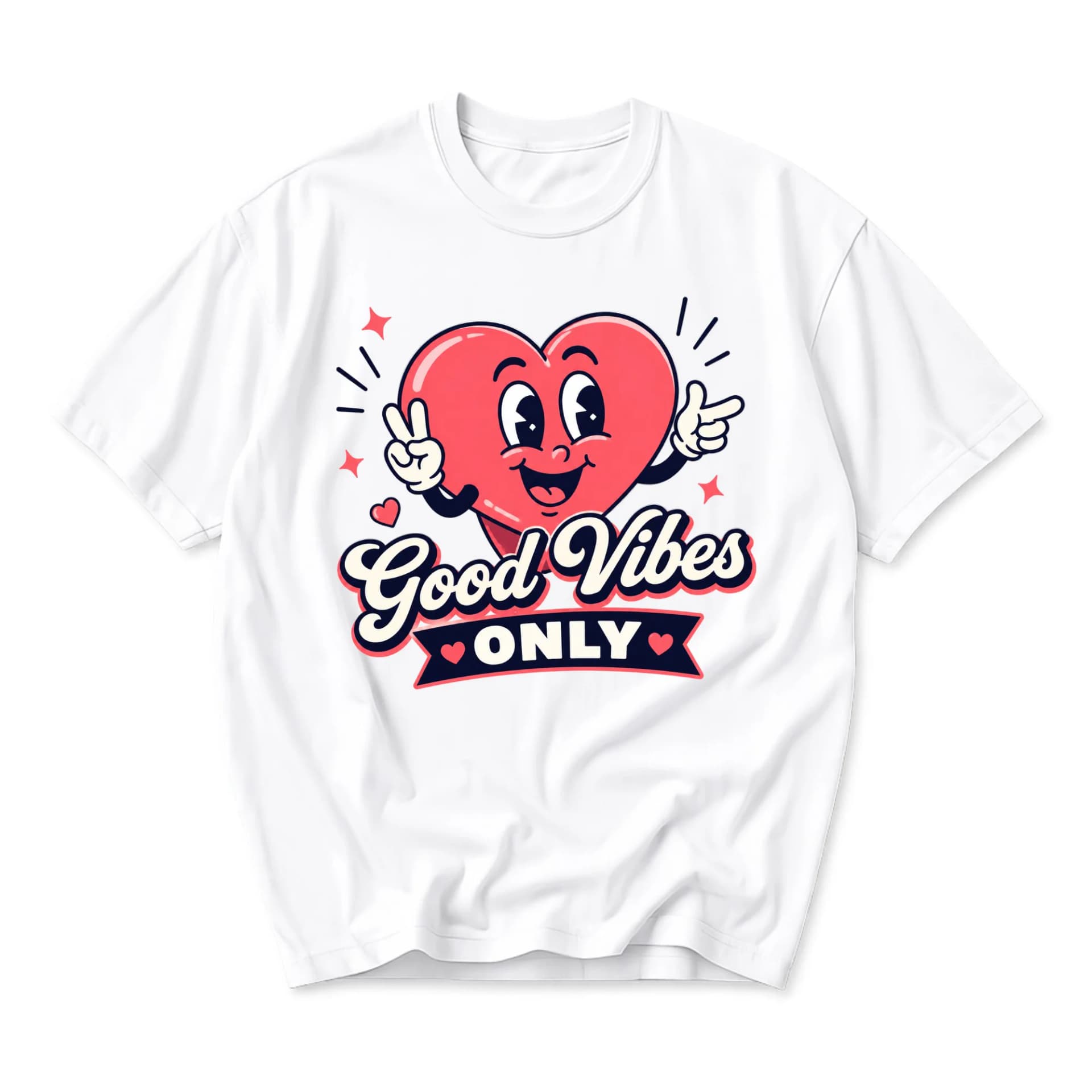 Graphic Tee Good Vibes Only Heart Cartoon Unisex Crew Neck Short Sleeve Shirt Casual Summer Top Retro Style Apparel
