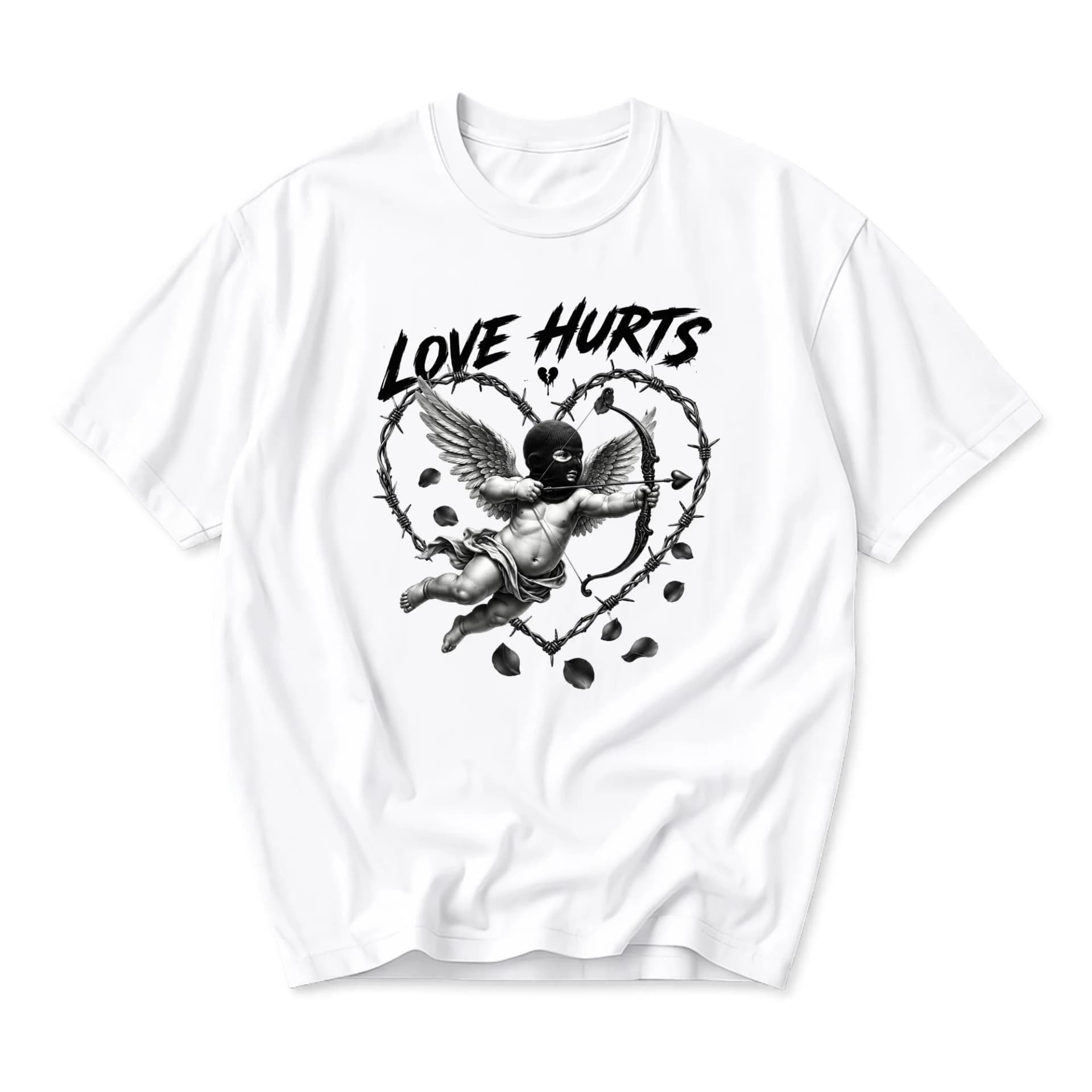 Graphic Tee Love Hurts Cupid with Mask Artistic Design Unisex Crew Neck Soft Cotton Blend Everyday Casual Shirt