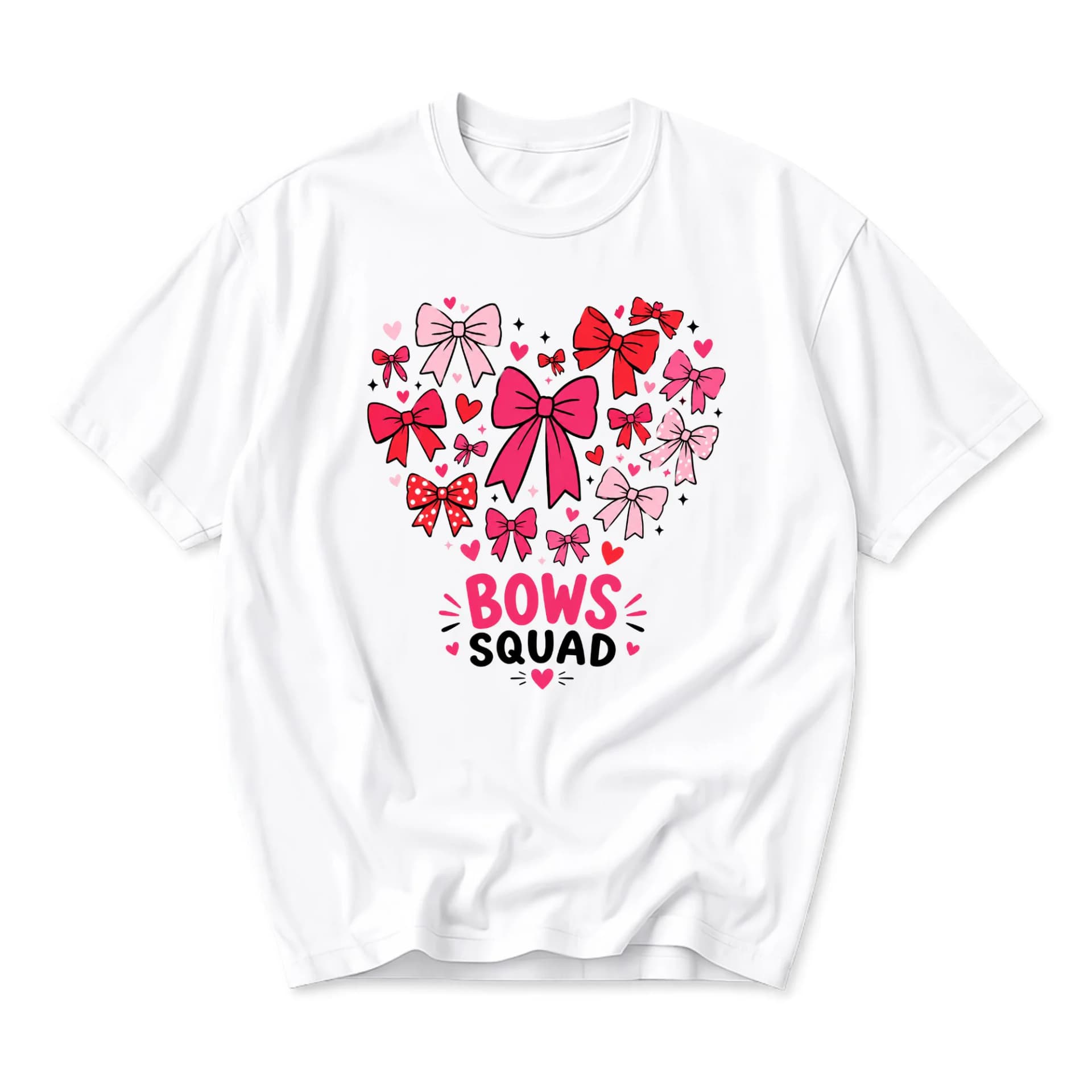 Graphic Tee Bows Squad Heart Motif Short Sleeve Unisex Crew Neck Shirt for Casual Everyday Wear and Stylish Expression