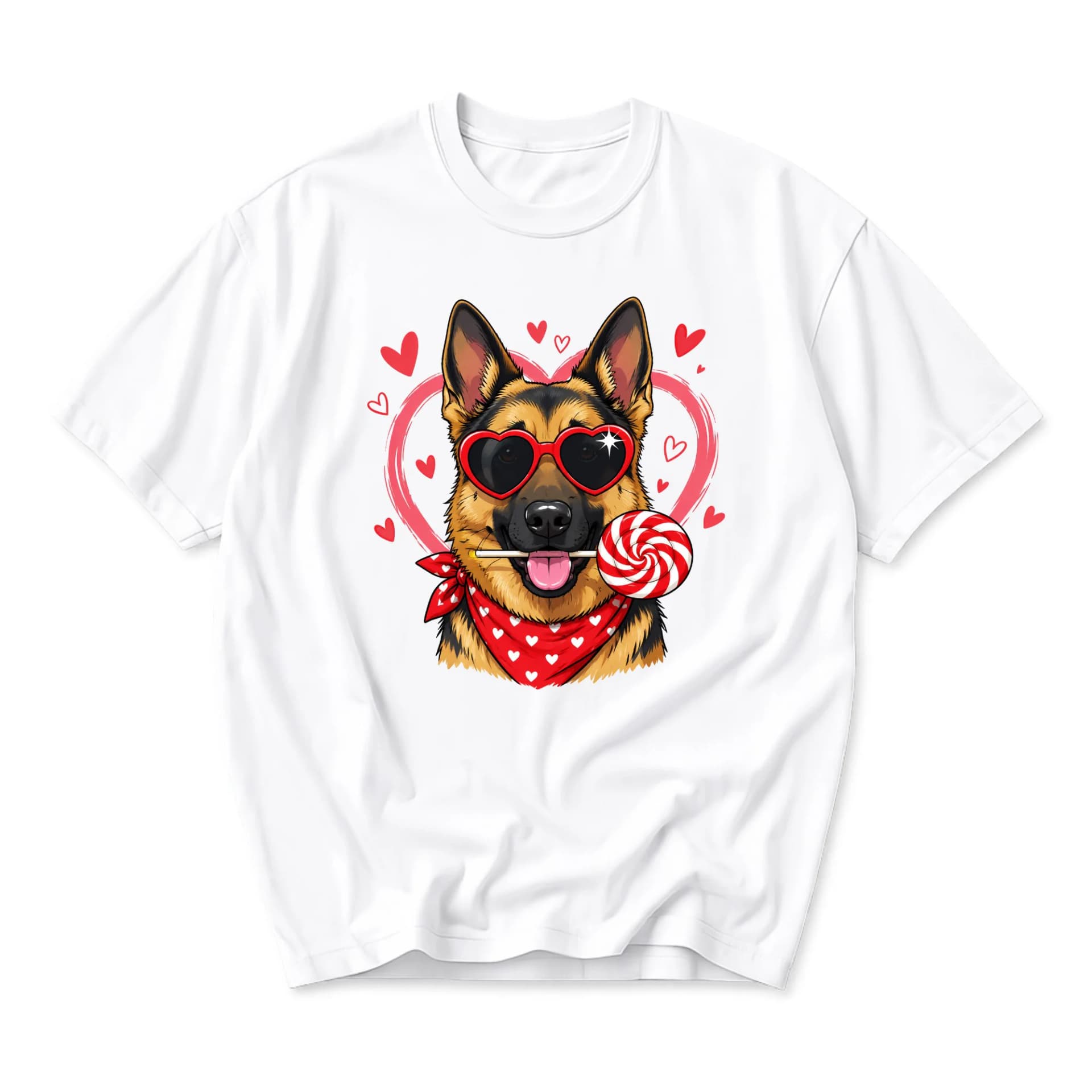 Graphic Tee German Shepherd Dog Wearing Heart Sunglasses and Holding a Lollipop Unisex Casual Crew Neck T-Shirt