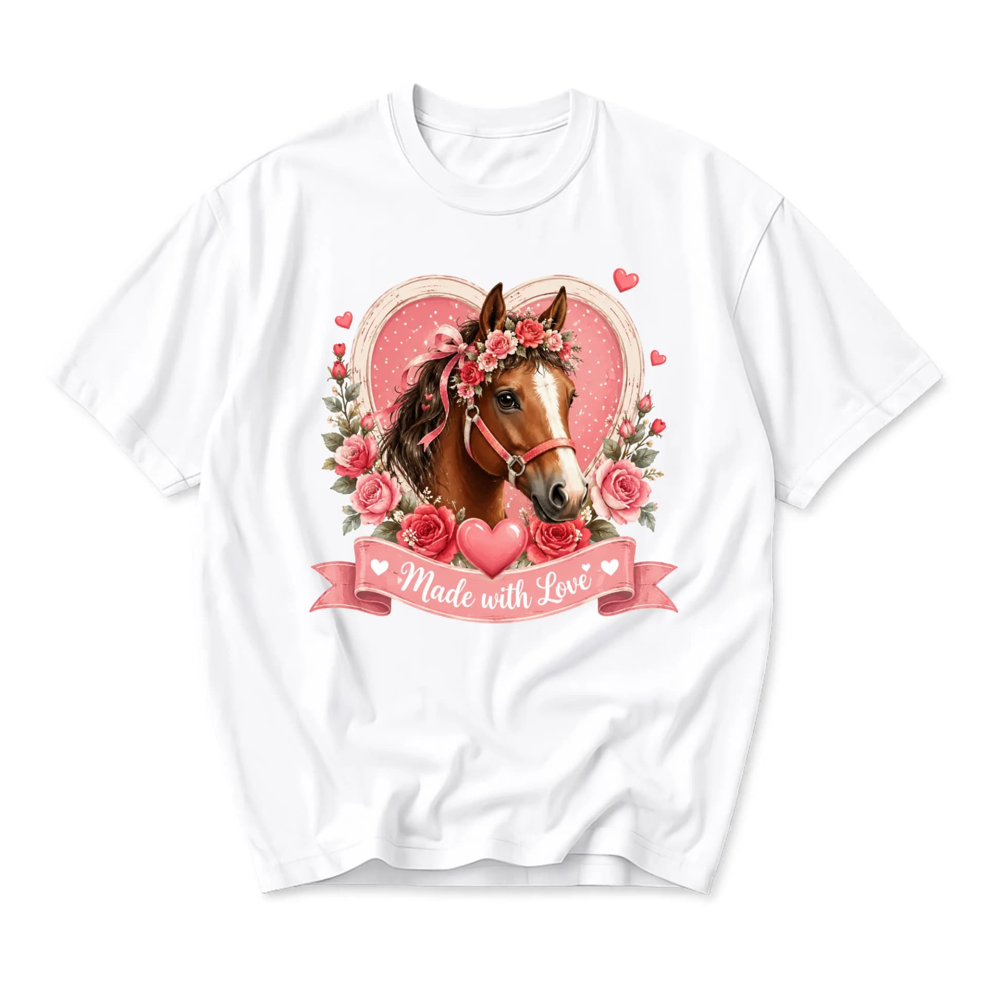 Graphic Tee Made with Love Horse Floral Heart Art Unisex Crew Neck Casual Everyday Short Sleeve Cotton Apparel Top