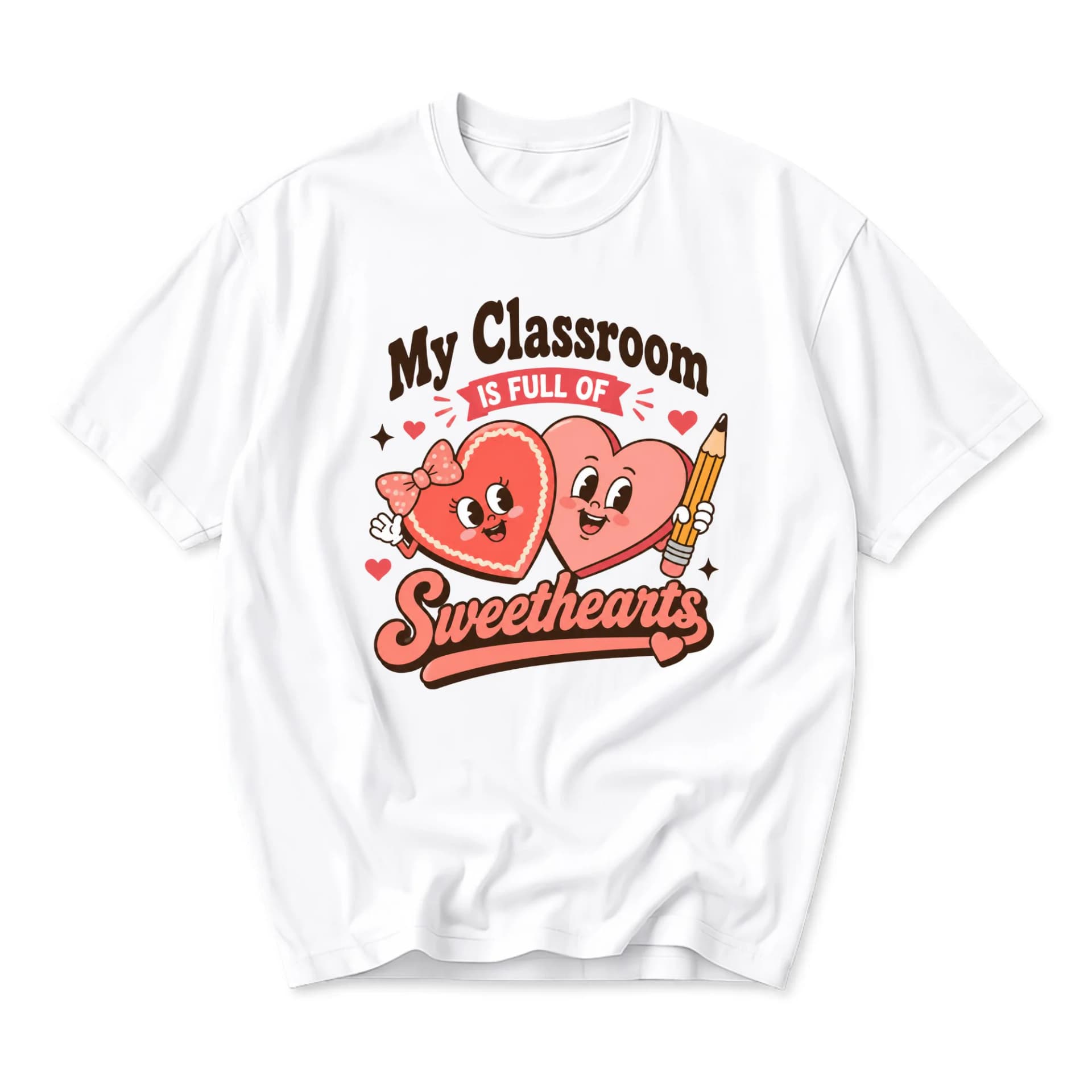 Funny Shirt My Classroom Is Full of Sweethearts Graphic Tee Retro Cartoon Heart Illustration Unisex Crew Neck Top