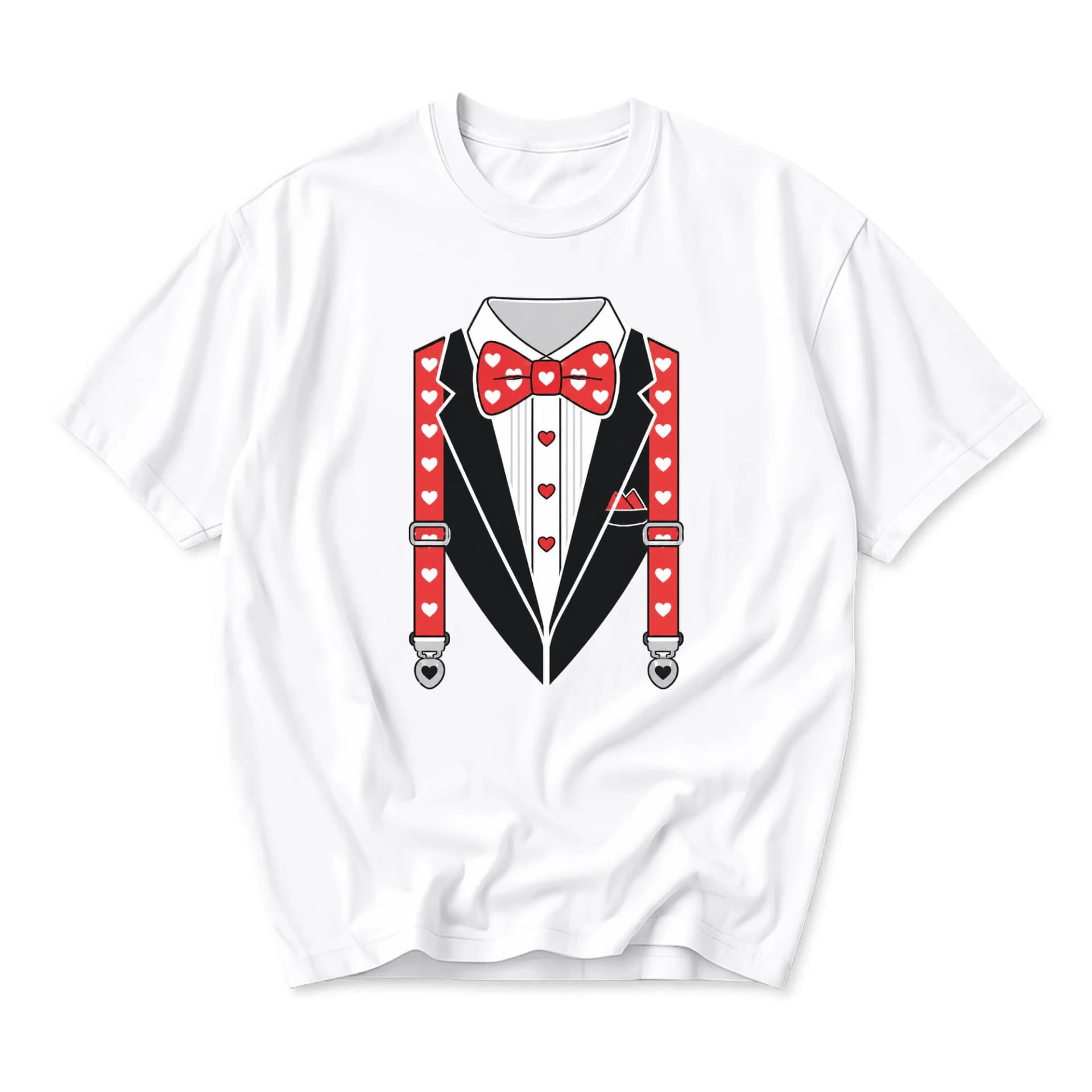 Funny Shirt Tuxedo Costume Graphic Tee with Red Heart Pattern Suspenders and Bow Tie Print Unisex Casual Crew Neck Top