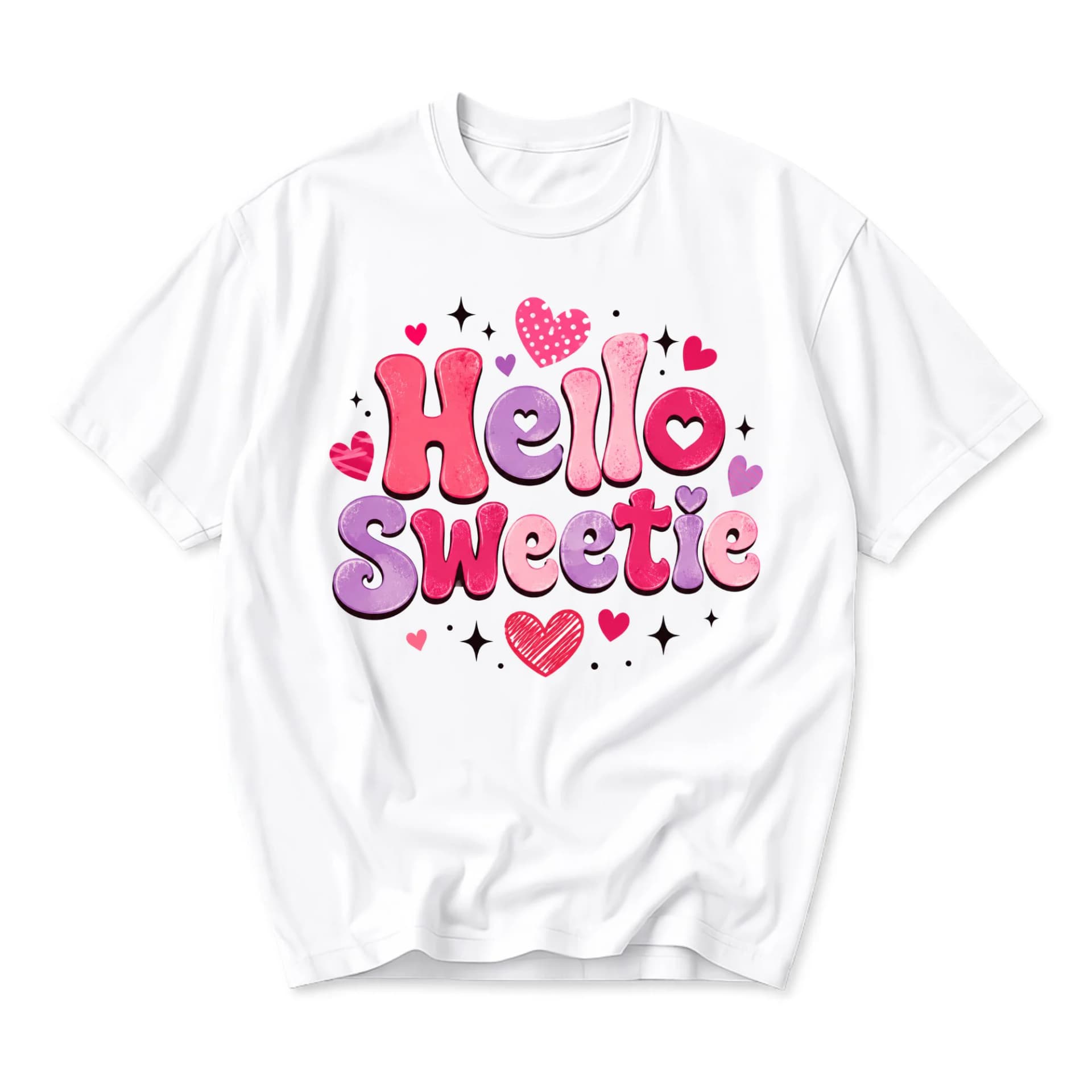 Graphic Tee Hello Sweetie Pink Purple Hearts Print Unisex Crew Neck Casual Everyday Short Sleeve Cotton Shirt