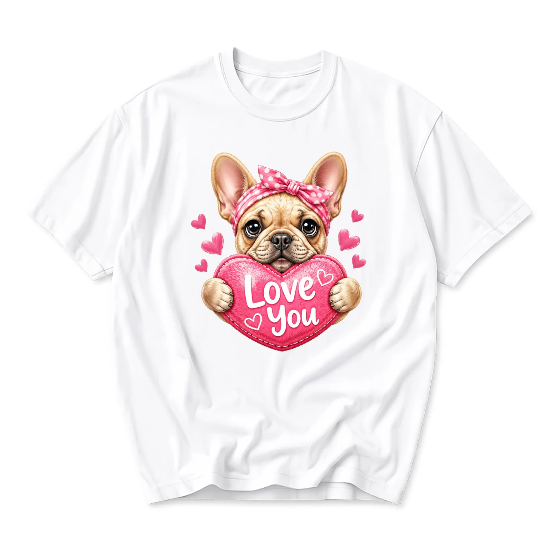 Graphic Tee Unisex Crew Neck T-Shirt Cute French Bulldog Holding Pink Heart Love You Design Casual Everyday Apparel