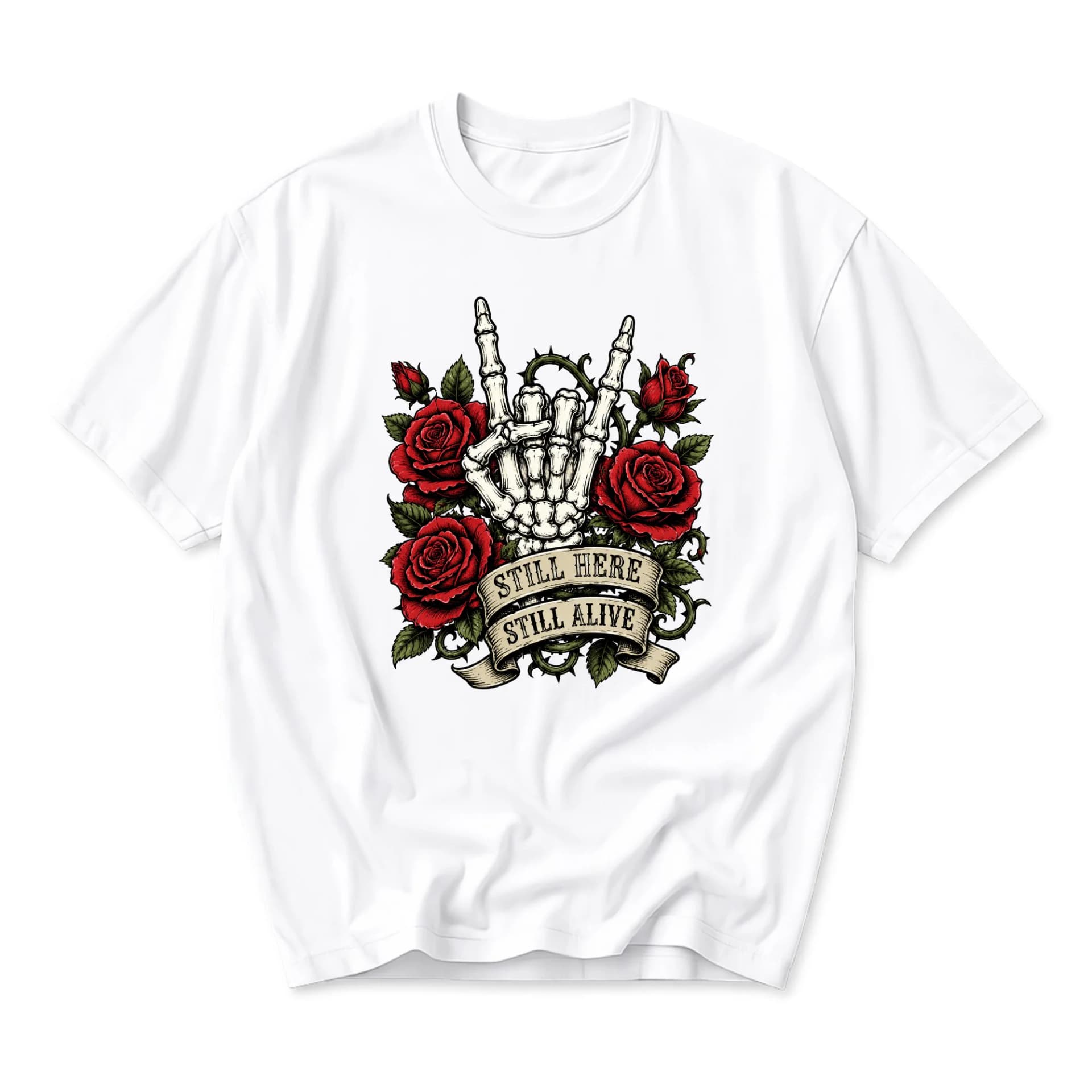 Graphic Tee Still Here Still Alive Skeleton Hand Rose Art Unisex Crew Neck Short Sleeve Casual Cotton Blend Shirt