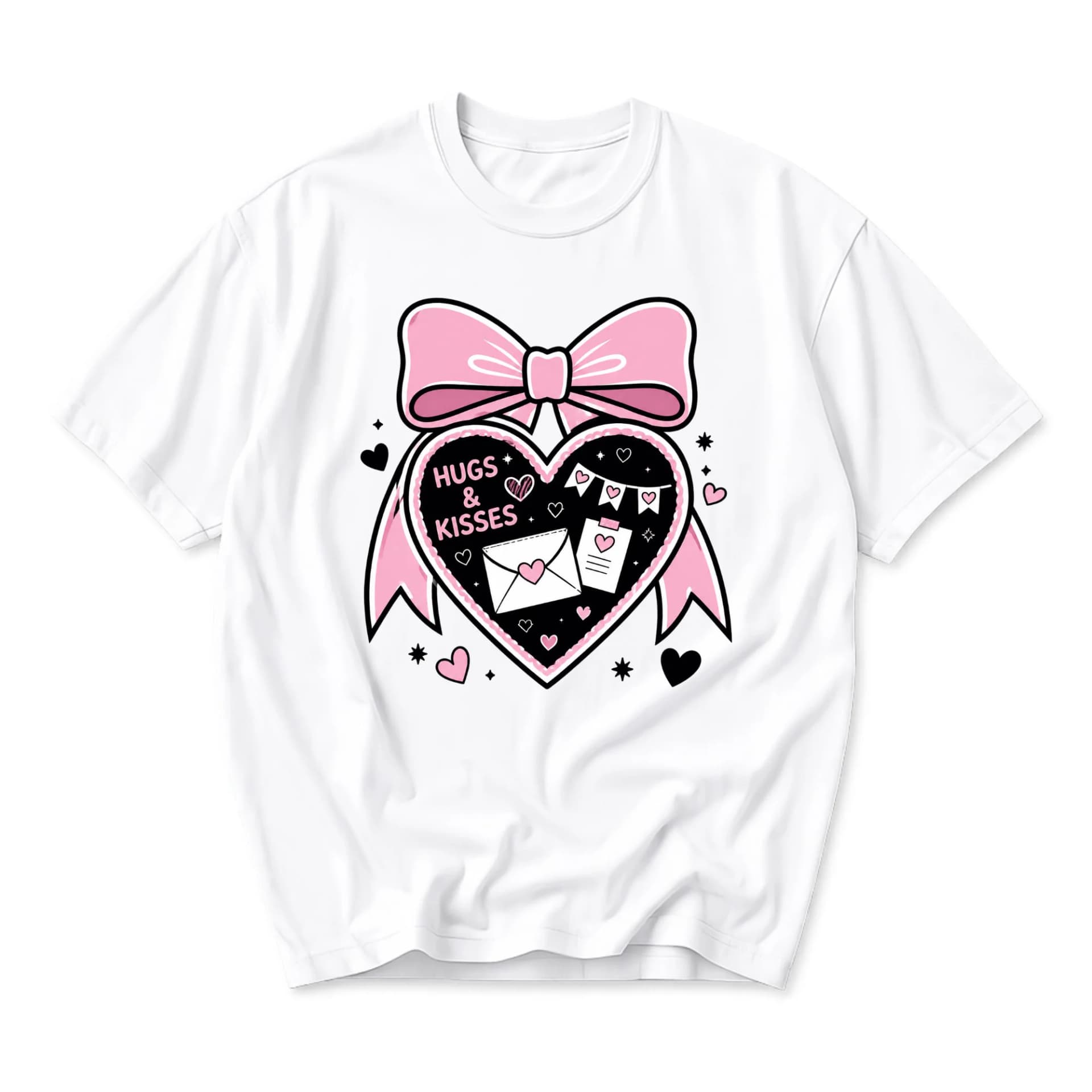 Graphic Tee Hugs and Kisses Heart Bow Illustration Unisex Crew Neck Short Sleeve Casual Cotton Blend Fashion Shirt