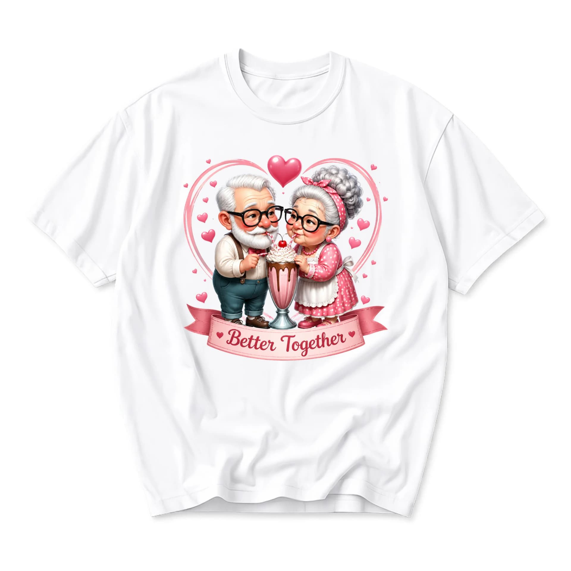 Graphic Tee Better Together Cute Elderly Couple Sharing Milkshake Illustration Casual Unisex Crew Neck Cotton Shirt