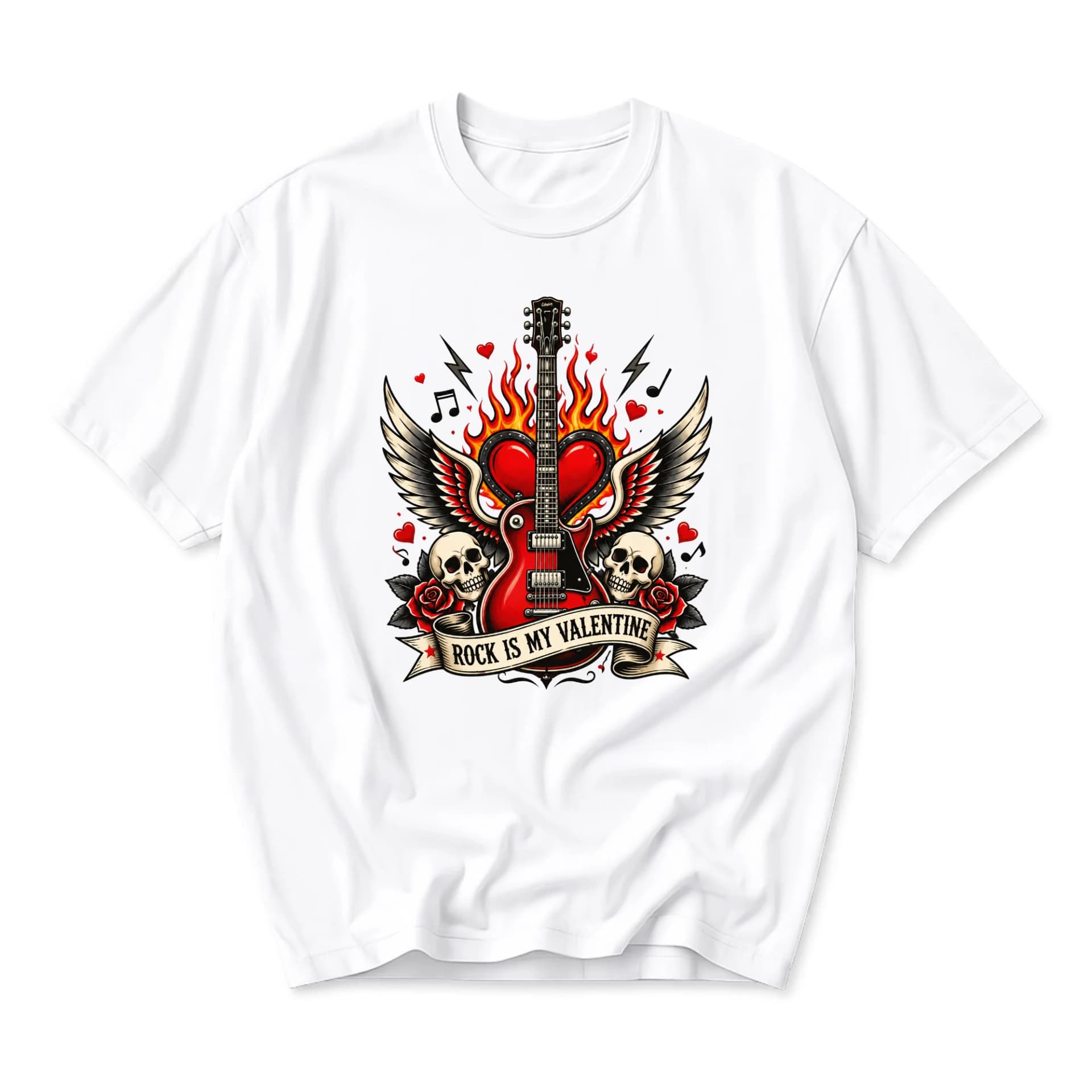 Funny Shirt Rock Is My Valentine Graphic Tee Unisex Casual Apparel with Guitar and Skull Artwork for Music Lovers