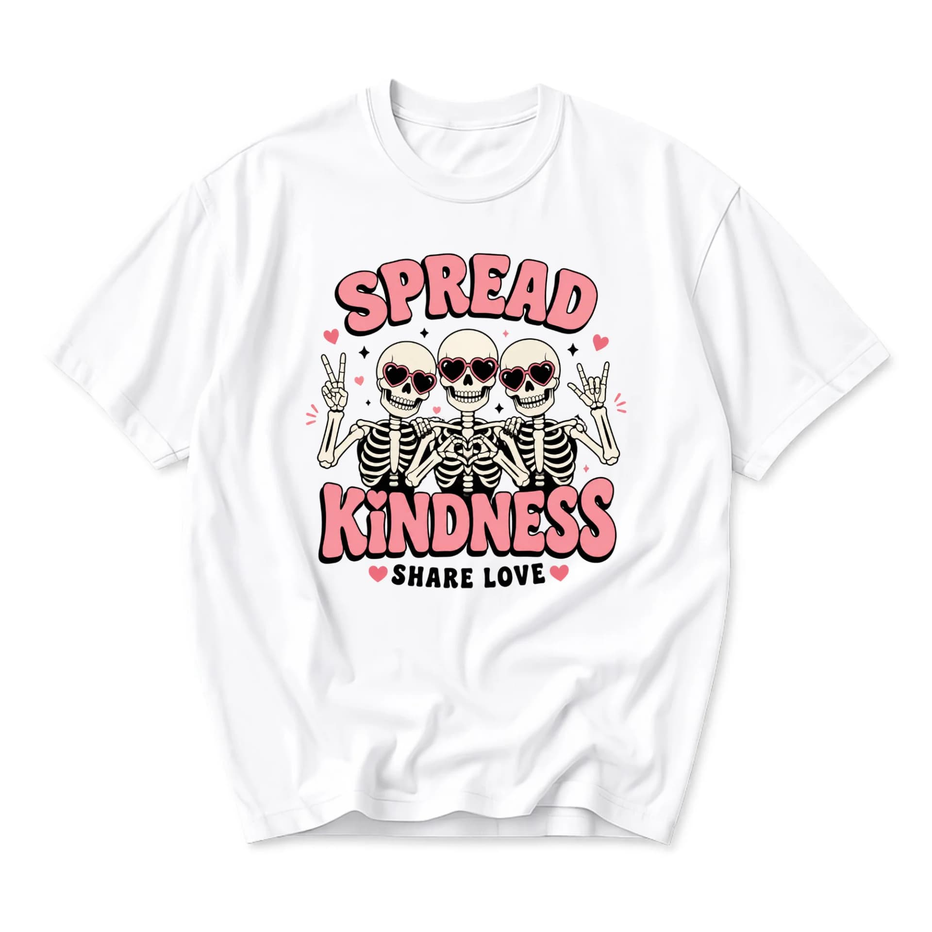 T-shirt Spread Kindness Graphic Tee Cute Skeleton Hearts Casual Unisex Crew Neck Top Soft Cotton Everyday Summer Shirt